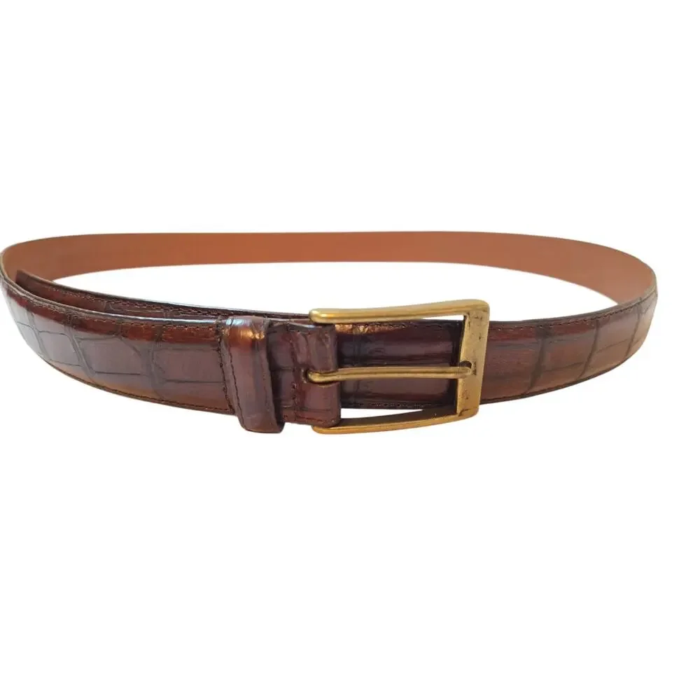 Arden Leather Belt Sz 42 Brown Italian Leather Brass Buckle Croc Embossed